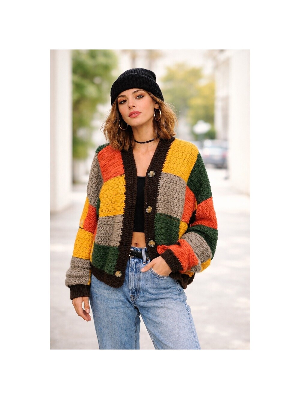 90s Hippie Hand Knit Cardigan Sweater Womens L Harry Styles Pattern Patchwork